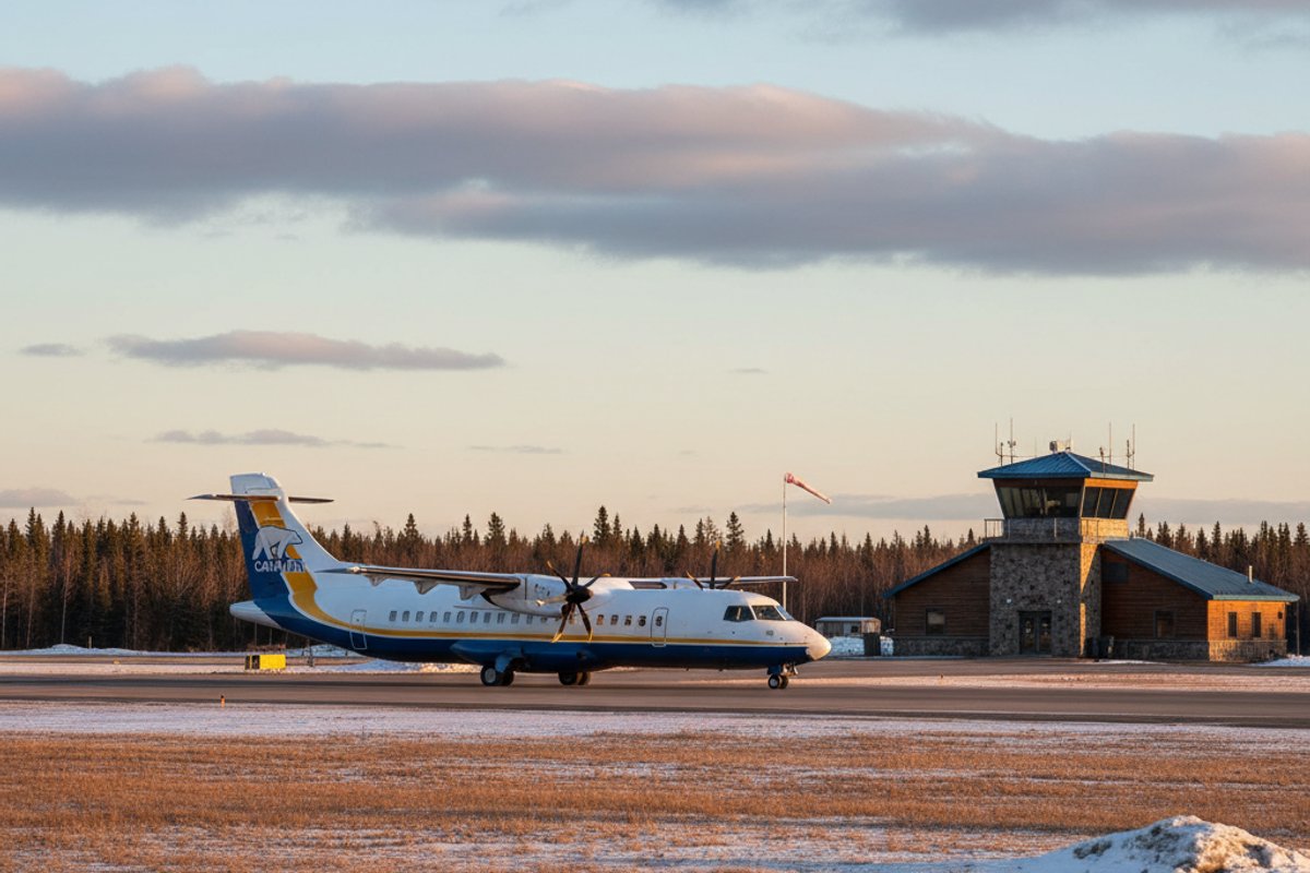 Calm Air Saab 340 turboprop parked on the apron at Flin Flon Airport YFO with the small single-storey terminal behind