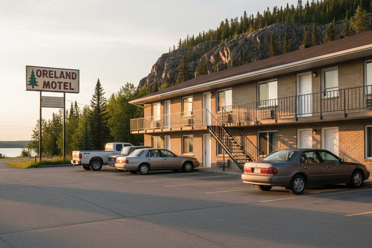 Exterior of Oreland Motel on Ross Lake in Flin Flon at sunset