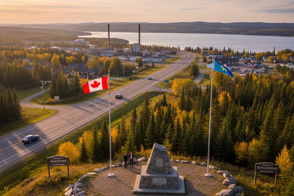 Aerial view of Flin Flon Manitoba and Creighton Saskatchewan straddling the provincial border